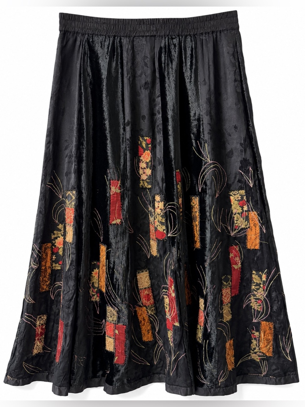 Dark Academia Black Velvet Burnout Patchwork Maxi Skirt Boho Whimsigoth Artsy, S - Picture 3 of 16